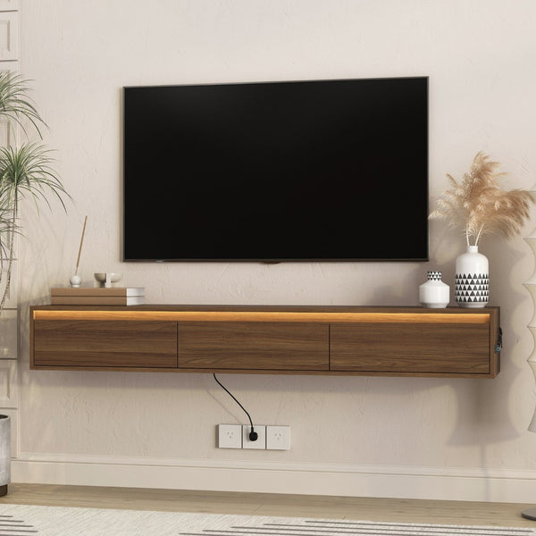 English Elm Floating Wall Mounted Tv Stand High Gloss Cabinet with Led Ambient Lighting Outlet W1321P474877