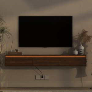 English Elm Floating Wall Mounted Tv Stand High Gloss Cabinet with Led Ambient Lighting Outlet W1321P474877
