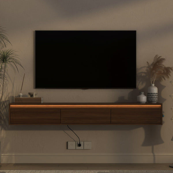 English Elm Floating Wall Mounted Tv Stand High Gloss Cabinet with Led Ambient Lighting Outlet W1321P474877