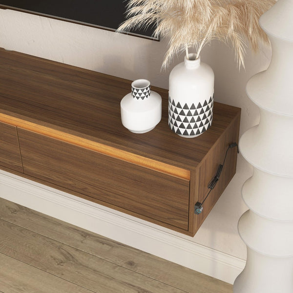 English Elm Floating Wall Mounted Tv Stand High Gloss Cabinet with Led Ambient Lighting Outlet W1321P474877