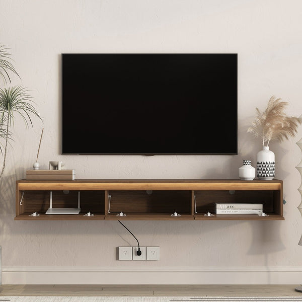 English Elm Floating Wall Mounted Tv Stand High Gloss Cabinet with Led Ambient Lighting Outlet W1321P474877