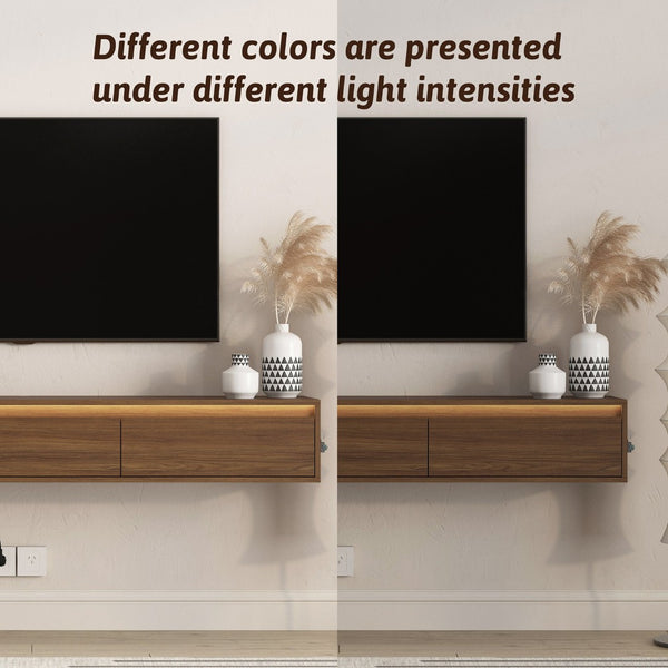 English Elm Floating Wall Mounted Tv Stand High Gloss Cabinet with Led Ambient Lighting Outlet W1321P474877
