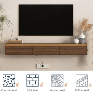 English Elm Floating Wall Mounted Tv Stand High Gloss Cabinet with Led Ambient Lighting Outlet W1321P474877
