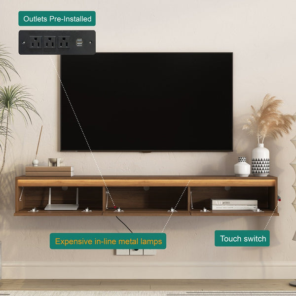 English Elm Floating Wall Mounted Tv Stand High Gloss Cabinet with Led Ambient Lighting Outlet W1321P474877