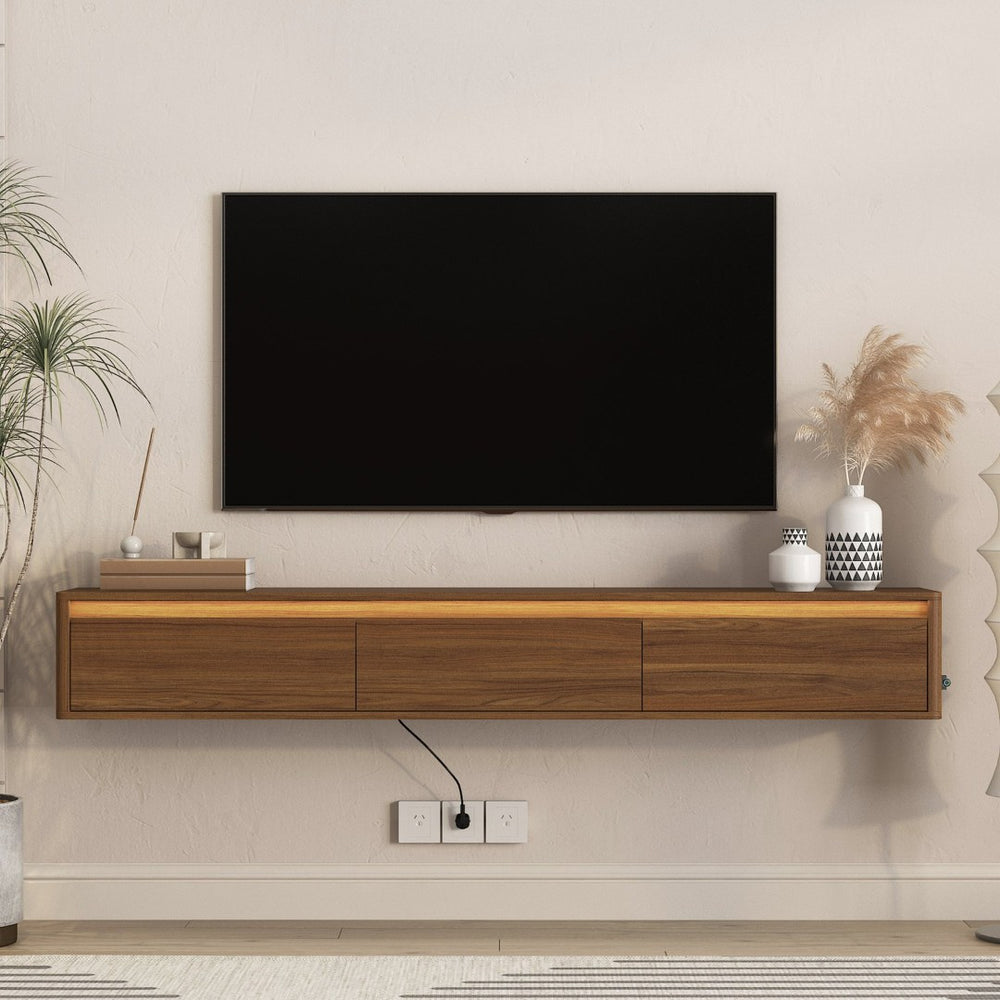 English Elm Floating Wall Mounted TV Stand with LED Lighting Power Outlet High Gloss Shelf W1321P474878