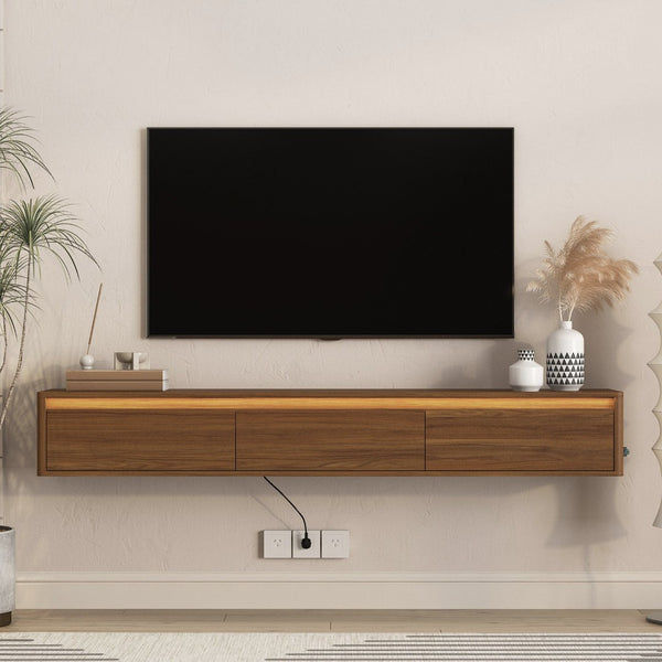 English Elm Floating Wall Mounted TV Stand with LED Lighting Power Outlet High Gloss Shelf W1321P474878