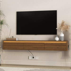 English Elm Floating Wall Mounted TV Stand with LED Lighting Power Outlet High Gloss Shelf W1321P474878