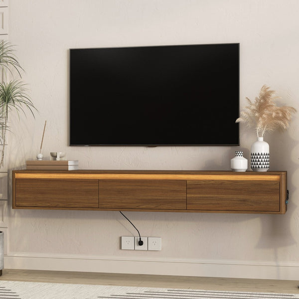 English Elm Floating Wall Mounted TV Stand with LED Lighting Power Outlet High Gloss Shelf W1321P474878