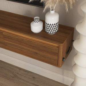 English Elm Floating Wall Mounted TV Stand with LED Lighting Power Outlet High Gloss Shelf W1321P474878