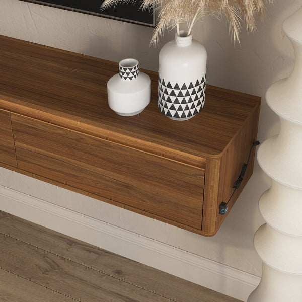 English Elm Floating Wall Mounted TV Stand with LED Lighting Power Outlet High Gloss Shelf W1321P474878