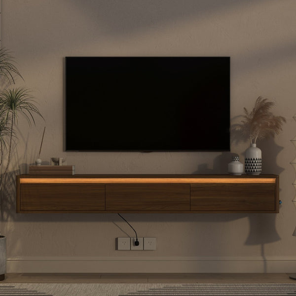 English Elm Floating Wall Mounted TV Stand with LED Lighting Power Outlet High Gloss Shelf W1321P474878