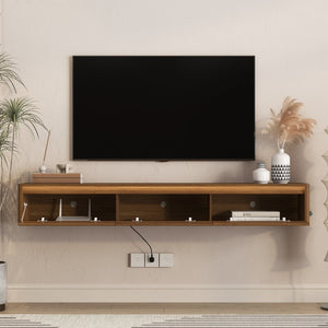 English Elm Floating Wall Mounted TV Stand with LED Lighting Power Outlet High Gloss Shelf W1321P474878