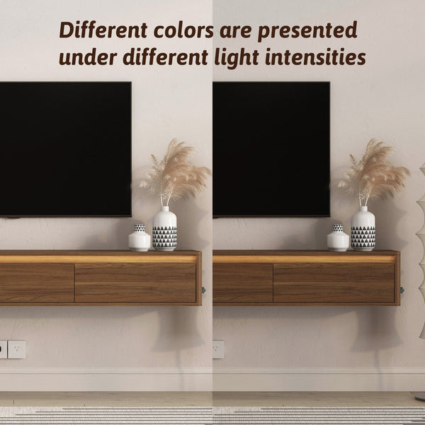 English Elm Floating Wall Mounted TV Stand with LED Lighting Power Outlet High Gloss Shelf W1321P474878