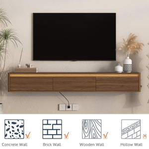 English Elm Floating Wall Mounted TV Stand with LED Lighting Power Outlet High Gloss Shelf W1321P474878