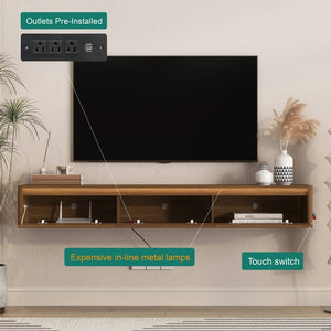 English Elm Floating Wall Mounted TV Stand with LED Lighting Power Outlet High Gloss Shelf W1321P474878