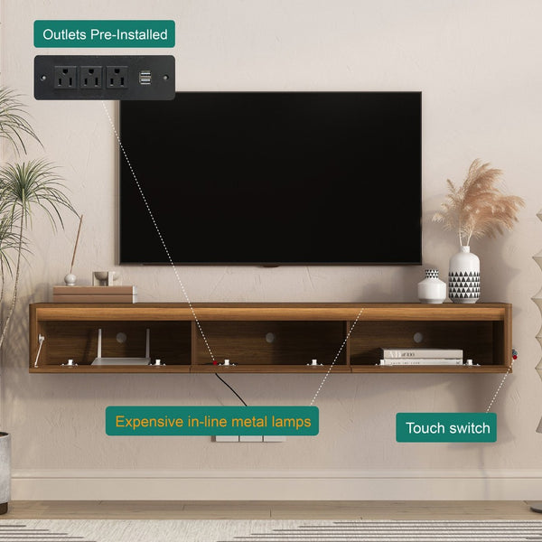 English Elm Floating Wall Mounted TV Stand with LED Lighting Power Outlet High Gloss Shelf W1321P474878