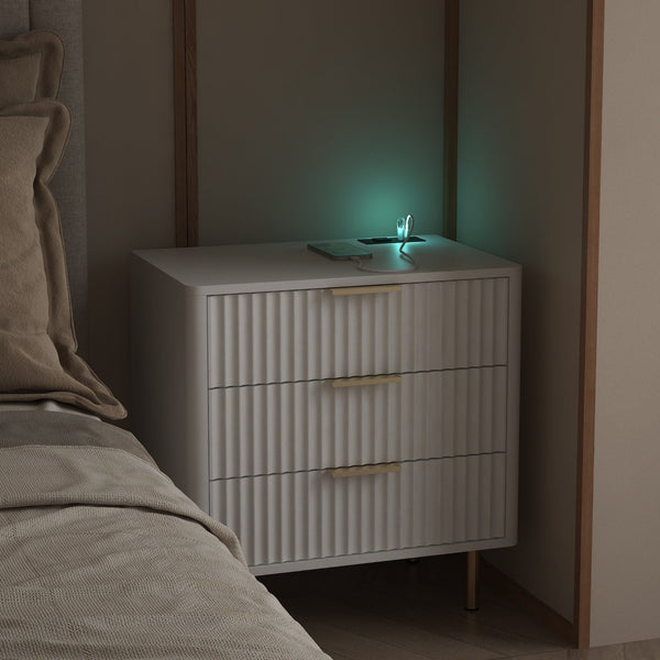 English Elm Nightstand with Built-in Usb Charging Hub and Voice Activated Light for Modern Bedrooms White W1321P476855