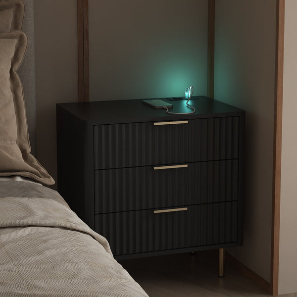 English Elm Nightstand with Built-in Usb Charging Hub and Voice Activated Light for Modern Bedrooms Black W1321P476856