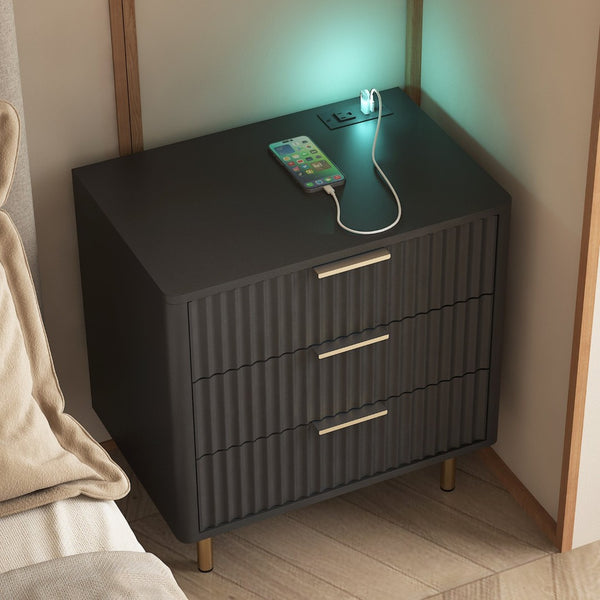 English Elm Nightstand with Built-in Usb Charging Hub and Voice Activated Light for Modern Bedrooms Black W1321P476856
