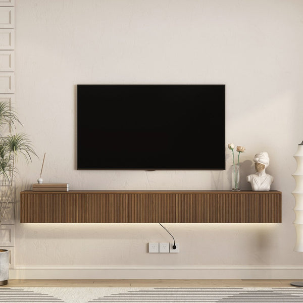 English Elm Floating Wall Mounted Tv Stand with 16 Color Led Lights for Large Screen Living Rooms Brown W1321P477792