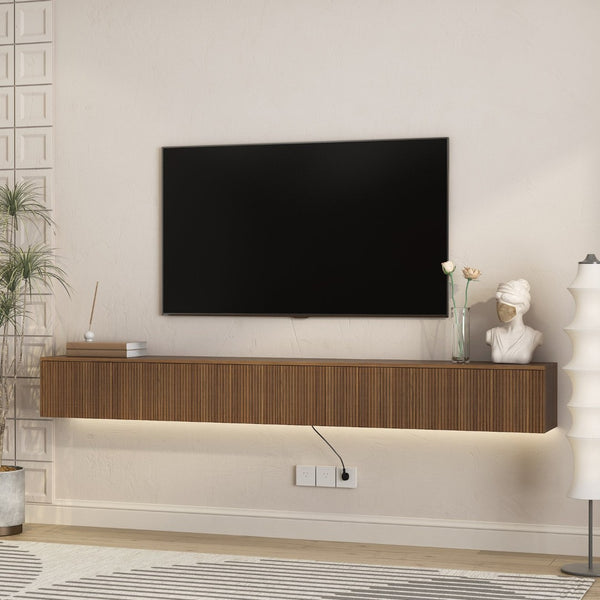 English Elm Floating Wall Mounted Tv Stand with 16 Color Led Lights for Large Screen Living Rooms Brown W1321P477792