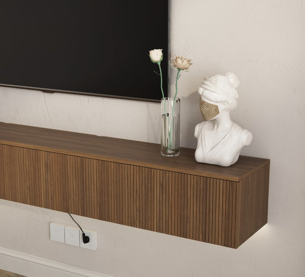 English Elm Floating Wall Mounted Tv Stand with 16 Color Led Lights for Large Screen Living Rooms Brown W1321P477792