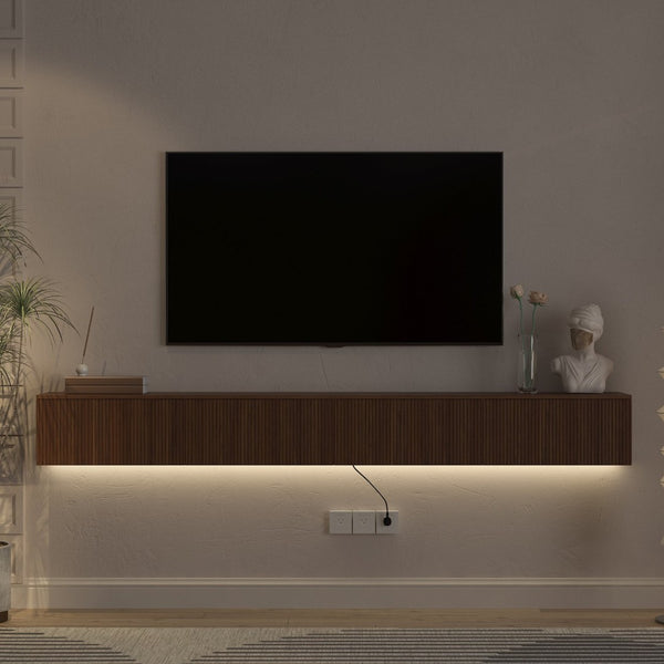 English Elm Floating Wall Mounted Tv Stand with 16 Color Led Lights for Large Screen Living Rooms Brown W1321P477792