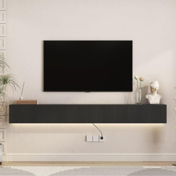 English Elm Floating Wall Mounted Tv Stand with 16 Color Led Lights for Large Screen Living Rooms Black W1321P477794