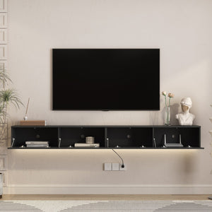 English Elm Floating Wall Mounted Tv Stand with 16 Color Led Lights for Large Screen Living Rooms Black W1321P477794