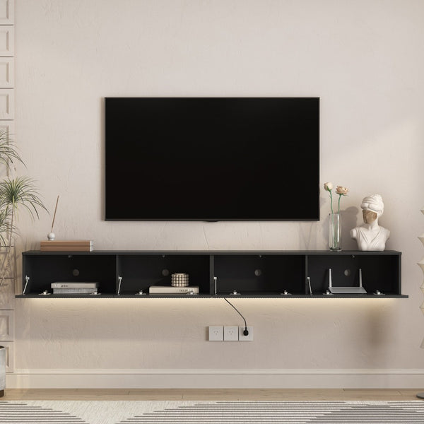 English Elm Floating Wall Mounted Tv Stand with 16 Color Led Lights for Large Screen Living Rooms Black W1321P477794