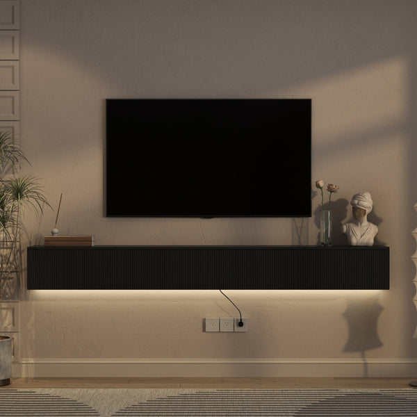 English Elm Floating Wall Mounted Tv Stand with 16 Color Led Lights for Large Screen Living Rooms Black W1321P477794