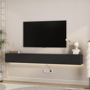 English Elm Floating Wall Mounted Tv Stand with 16 Color Led Lights for Large Screen Living Rooms Black W1321P477794