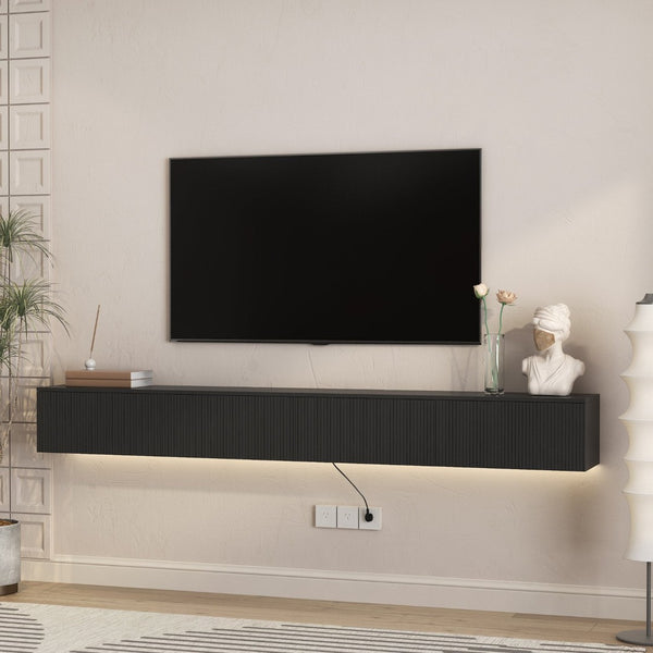 English Elm Floating Wall Mounted Tv Stand with 16 Color Led Lights for Large Screen Living Rooms Black W1321P477794