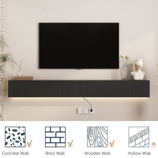 English Elm Floating Wall Mounted Tv Stand with 16 Color Led Lights for Large Screen Living Rooms Black W1321P477794