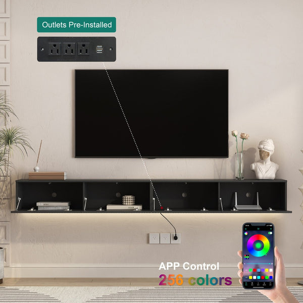 English Elm Floating Wall Mounted Tv Stand with 16 Color Led Lights for Large Screen Living Rooms Black W1321P477794
