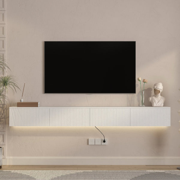 English Elm Floating Wall Mounted Tv Stand with 16 Color Led Lights for Large Screen Living Rooms White W1321P477804