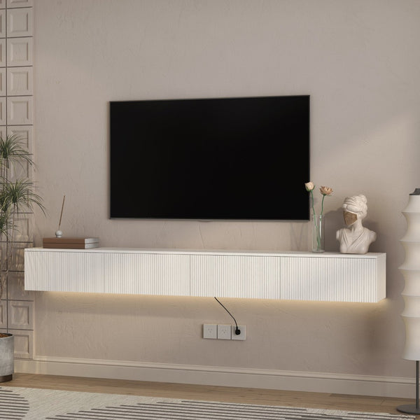 English Elm Floating Wall Mounted Tv Stand with 16 Color Led Lights for Large Screen Living Rooms White W1321P477804