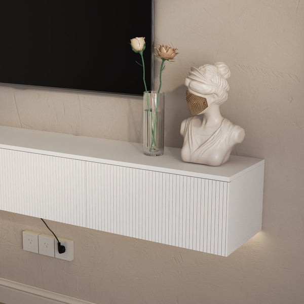 English Elm Floating Wall Mounted Tv Stand with 16 Color Led Lights for Large Screen Living Rooms White W1321P477804