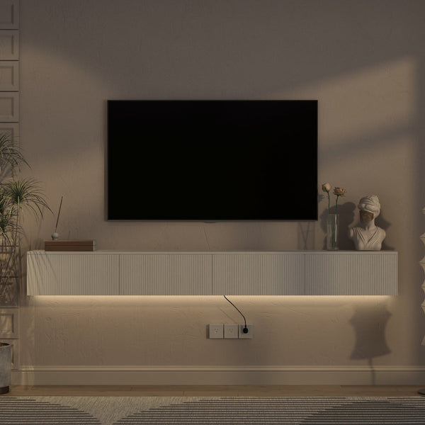 English Elm Floating Wall Mounted Tv Stand with 16 Color Led Lights for Large Screen Living Rooms White W1321P477804