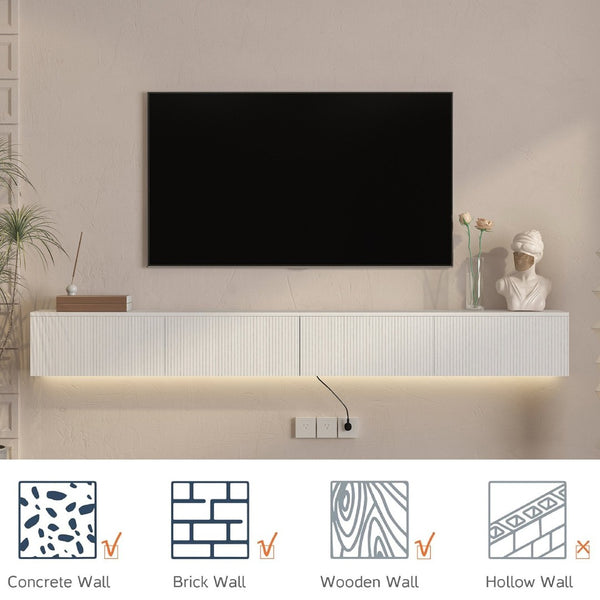 English Elm Floating Wall Mounted Tv Stand with 16 Color Led Lights for Large Screen Living Rooms White W1321P477804