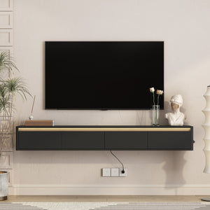 English Elm Floating Wall Mounted Tv Stand with Led Lighting and Outlets High Gloss Living Room Shelf Black W1321P478405