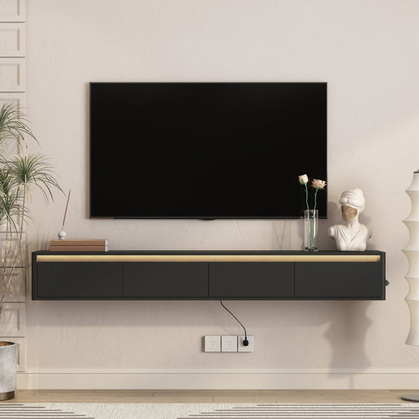 English Elm Floating Wall Mounted Tv Stand with Led Lighting and Outlets High Gloss Living Room Shelf Black W1321P478405