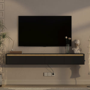 English Elm Floating Wall Mounted Tv Stand with Led Lighting and Outlets High Gloss Living Room Shelf Black W1321P478405