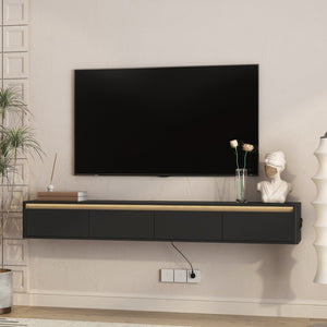 English Elm Floating Wall Mounted Tv Stand with Led Lighting and Outlets High Gloss Living Room Shelf Black W1321P478405
