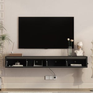 English Elm Floating Wall Mounted Tv Stand with Led Lighting and Outlets High Gloss Living Room Shelf Black W1321P478405
