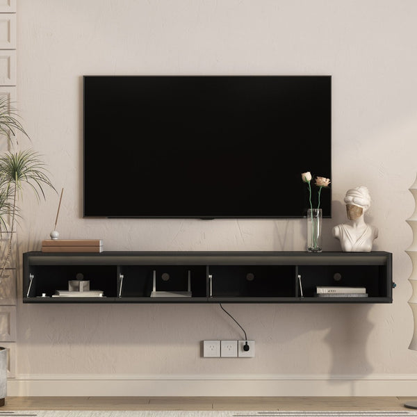 English Elm Floating Wall Mounted Tv Stand with Led Lighting and Outlets High Gloss Living Room Shelf Black W1321P478405