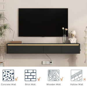 English Elm Floating Wall Mounted Tv Stand with Led Lighting and Outlets High Gloss Living Room Shelf Black W1321P478405