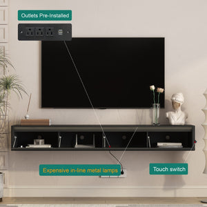 English Elm Floating Wall Mounted Tv Stand with Led Lighting and Outlets High Gloss Living Room Shelf Black W1321P478405