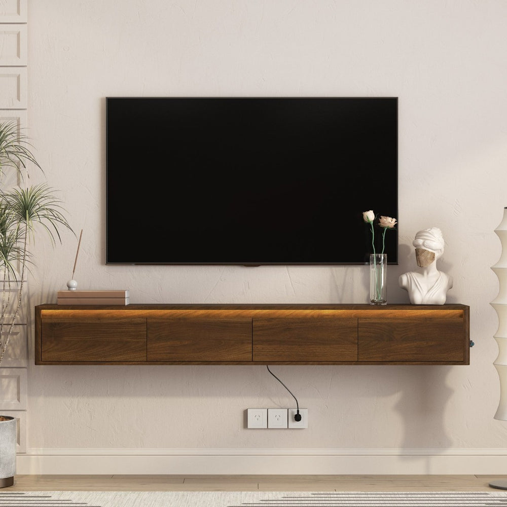 English Elm Floating Wall Mounted Tv Stand with Led Lighting and Outlets High Gloss Living Room Shelf Brown W1321P478422