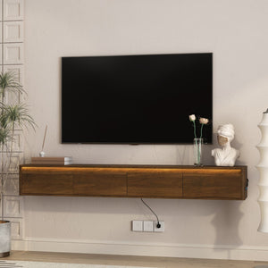 English Elm Floating Wall Mounted Tv Stand with Led Lighting and Outlets High Gloss Living Room Shelf Brown W1321P478422